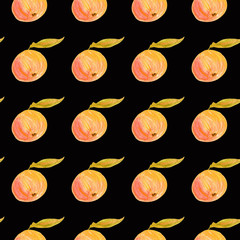 Watercolor simple pattern with a dark background. Hand drawn autumn juicy yellow red apple with a green leaf repeated on black