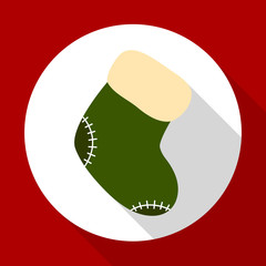 Christmas sock icon on red background with long shadow. Vector illustration for Christmas and New Year greeting card. Flat design style. EPS10.