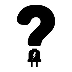 Simple black question mark with electric plug icon isolated on white background