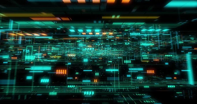 Big data visualization with digital grid motion. Analysis of information, cloud computing, internet of things, network technology. Visual data infographics. Seamless loop, 3D render