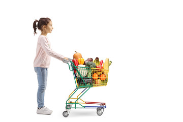 Little girl buying fruits and vegetables in a mini shopping cart