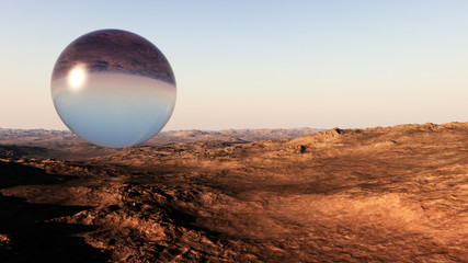 giant sphere on majestic desert landscape concept with unique and deep atmosphere