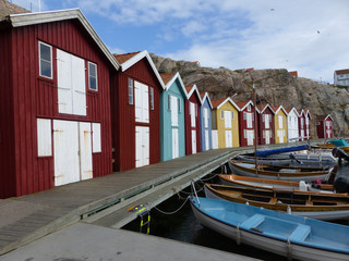 Smogen town, Smogenbrygga. Wood houses of fishermen, of different colors. Bohuslan. Sweden