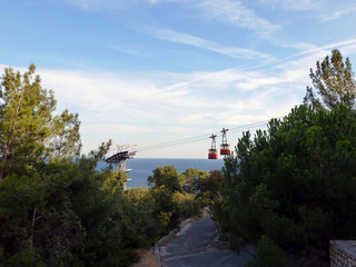 Fototapeta na wymiar Two red cable cars over the track against the background of pines and the sea. Cableway.