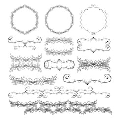Obraz premium Set of ornamental floral decorative design elements with leaves and flowers. Black color, isolated on white background. Vector illustration. EPS10.