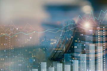 Financial investment concept, Double exposure of city night and stack of coins for finance investor, Forex trading candlestick chart, Cryptocurrency  Digital economy.