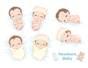 Cute newborn baby boy. Poses set. Vector illustration.
