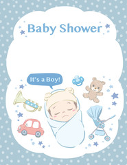 Cute newborn baby boy. Vector illustration for Baby shower card or other use.