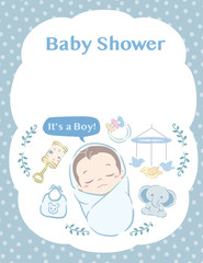 Cute newborn baby boy. Vector illustration for Baby shower card or other use.