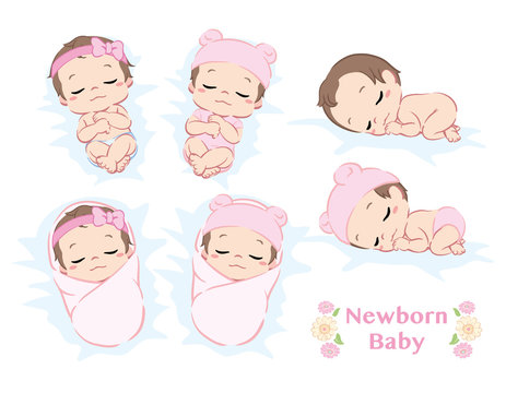 Cute newborn baby girl. Poses set. Vector illustration. Stock Vector |  Adobe Stock