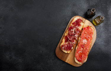 Spanish tomato and ham toast, traditional breakfast or lunch