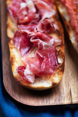 Spanish tomato ham toast, traditional breakfast or lunch