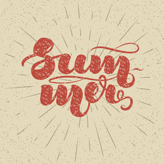 Hand lettering Summer on vintage background with sun burst and texture for posters, cards and more.