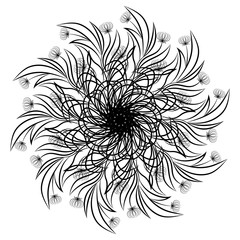 Mandala. Round floral ornament isolated on white background. Decorative design element. Black and white outline vector illustration for coloring book, print on T-shirt and other items.