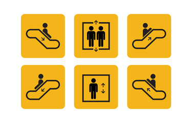 Public Services Elevator and Escalator set icons with humans. Lift or elevator up and down symbols. Vector illustration.