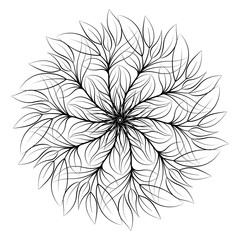 Mandala. Round floral ornament isolated on white background. Decorative design element. Black and white outline vector illustration for coloring book, print on T-shirt and other items.