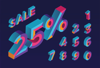 25% sale. 0, 1, 2, 3, 4, 5, 6, 7, 8, 9 isometric 3D numeral alphabet. Percent off, sale background. Colorfull polygonal triangle Letter. Eps10. Vector Isolated Number.