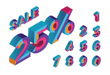25% sale. 0, 1, 2, 3, 4, 5, 6, 7, 8, 9 isometric 3D numeral alphabet. Percent off, sale background. Colorfull polygonal triangle Letter. Eps10. Vector Isolated Number.