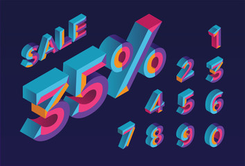 35% sale. 0, 1, 2, 3, 4, 5, 6, 7, 8, 9 isometric 3D numeral alphabet. Percent off, sale background. Colorfull polygonal triangle Letter. Eps10. Vector Isolated Number.