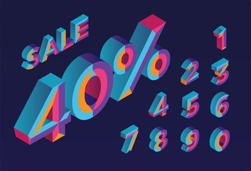 40% sale. 0, 1, 2, 3, 4, 5, 6, 7, 8, 9 isometric 3D numeral alphabet. Percent off, sale background. Colorfull polygonal triangle Letter. Eps10. Vector Isolated Number.