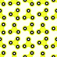 Fidget spinner. Hand toy for stress relief. Seamless pattern with yellow spinners for wrapping paper, wallpaper, web page background and more. Vector illustration. EPS10.