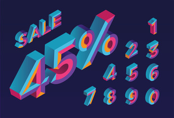45% sale. 0, 1, 2, 3, 4, 5, 6, 7, 8, 9 isometric 3D numeral alphabet. Percent off, sale background. Colorfull polygonal triangle Letter. Eps10. Vector Isolated Number.