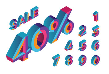 40% sale. 0, 1, 2, 3, 4, 5, 6, 7, 8, 9 isometric 3D numeral alphabet. Percent off, sale background. Colorfull polygonal triangle Letter. Eps10. Vector Isolated Number.