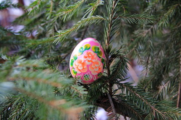 Painted with beautiful flowers Easter egg on a branch of new year's green spruce