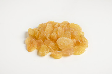 Yellow golden raisins isolated on white background