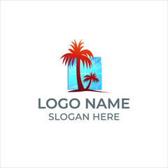 Fototapeta na wymiar a vacation logo depicting palm trees on the beach in dark brown and blue color suit for travel agent companies