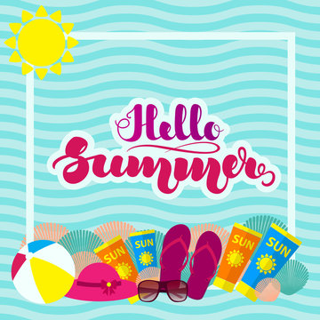 Hand lettering "Hello Summer" and beach accessories on background with abstract waves. Template for posters, cards and other printed products. Vector illustration. EPS10.