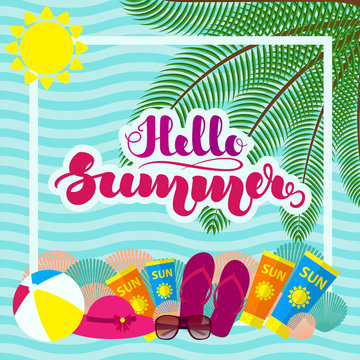 Hand lettering "Hello Summer" and beach accessories on background with abstract waves. Template for posters, leaflets, cards and other printed products. Vector illustration. EPS10.
