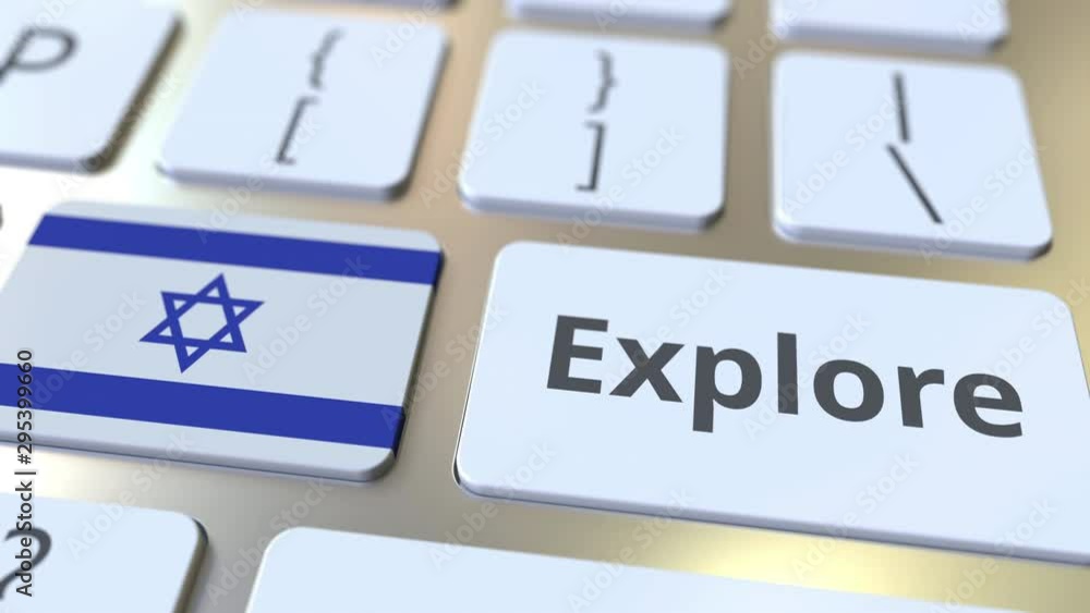 Poster explore word and national flag of israel on the buttons of the keyboard. 3d animation