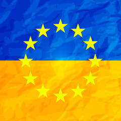 Flag of Ukraine and European Union EU with effect of crumpled paper. Symbol of Ukraine. Blue and yellow Ukrainian flag. Vector illustration. EPS10.