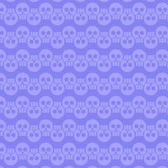 Patterns with pixelated effect of Mexican skulls of yellow and violet color with purple background.
