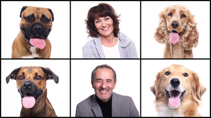 Group of people and pets in front of a white background