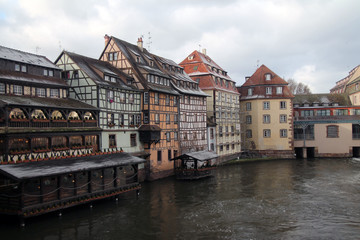Colored houses on the river in the center of Strasbourg