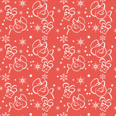 Christmas seamless pattern with snowman, stars  and snowflakes on red background Template for the graphic design of the Christmas holidays - for posters, greeting cards, holiday packaging. Vector art