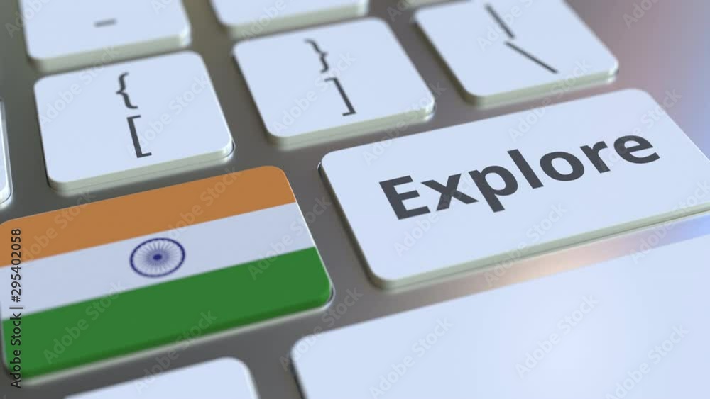 Poster explore word and national flag of india on the buttons of the keyboard. 3d animation