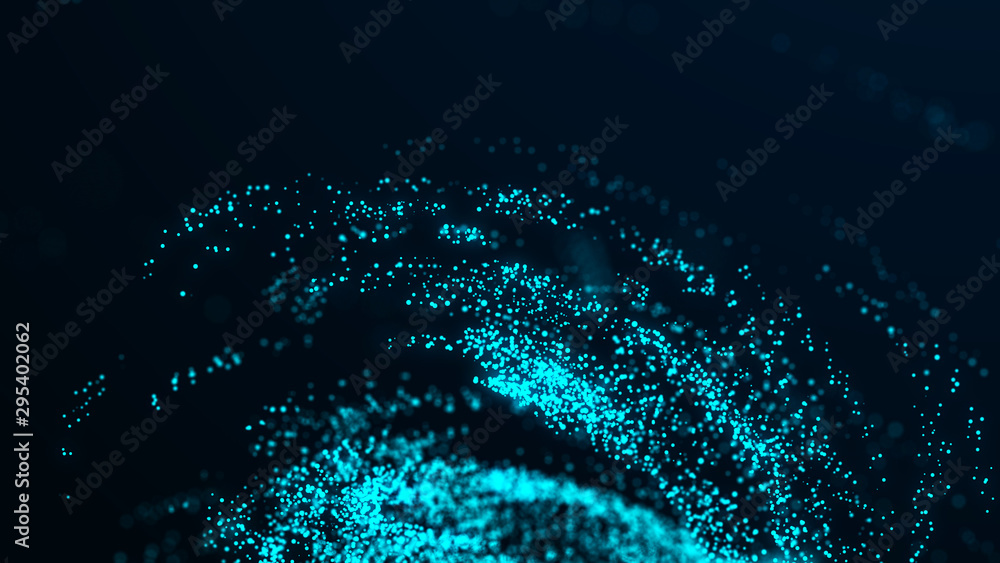 Poster Big data concept visualization. Futuristic wave of glowing particles. Shine flares on dark background. Digital background. 3D rendering.