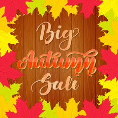 Big autumn sale. Lettering on wooden background with colorful maple leaves. Beautiful poster for sales, promotions.