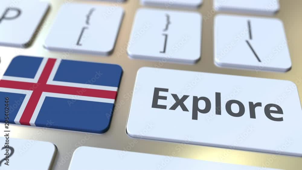Poster explore word and national flag of iceland on the buttons of the keyboard. 3d animation
