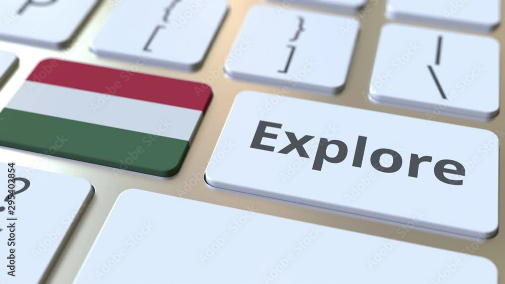 Poster explore word and national flag of hungary on the buttons of the keyboard. 3d animation