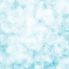 Abstract beautiful blurred bokeh background with snowflakes on blue background. Vector illustration for Christmas and New Year design. EPS10.