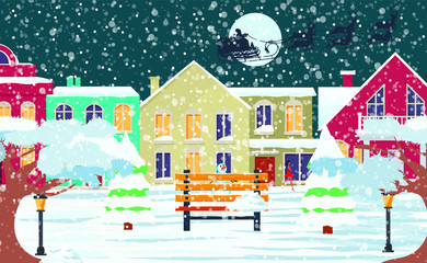 Fototapeta premium Christmas city. Santa Claus under the moon. Night village in the snow. The concept of a new year. Vector