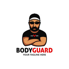 Basic RGBstrong big bodyguard logo mascot character folding hand wears cap black shade sunglasses and tshirt with intimidating pose expression illustration