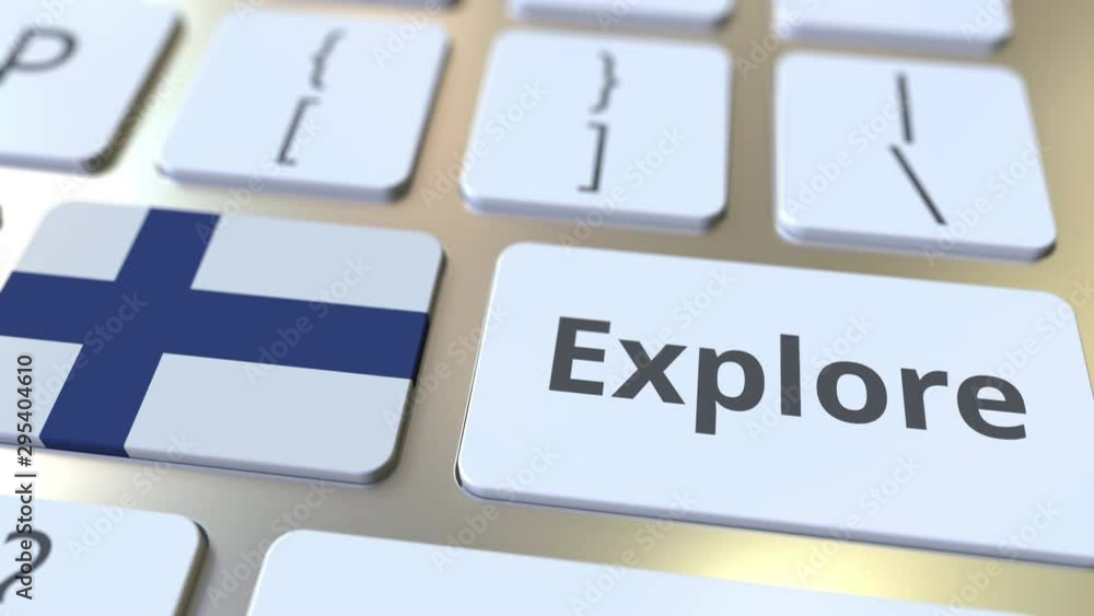 Poster explore word and national flag of finland on the buttons of the keyboard. 3d animation