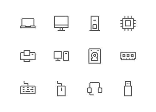 Computer icons set inline style designed with grid and perfect pixel. Simple and clean. Editable vector. Easy to change color and size. You can use the icons for website, presentation slide, app, etc.