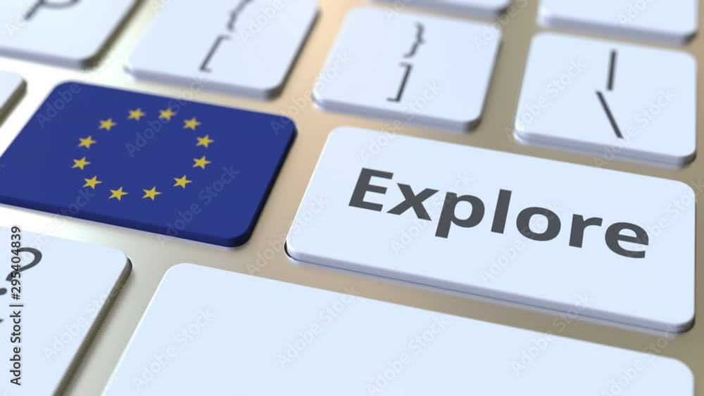 Aufkleber explore word and flag of the european union on the buttons of the keyboard. 3d animation