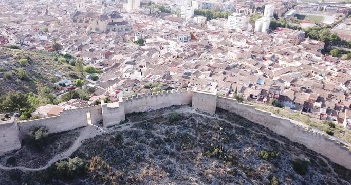 Aerial panoramic view of Xativa cityscape with Collegiate Basilica of Santa Maria, Spain